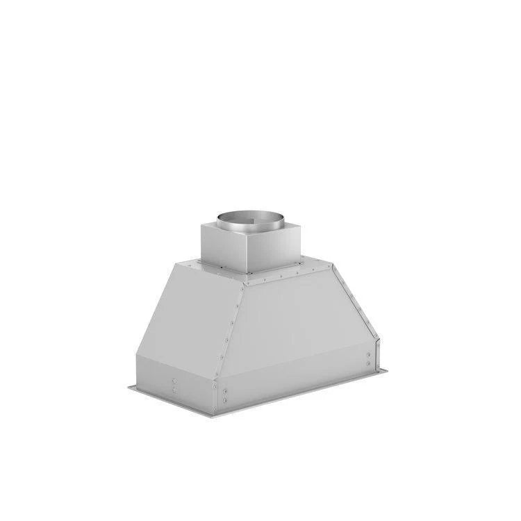 Stainless steel range hood insert with round duct collar, angled view