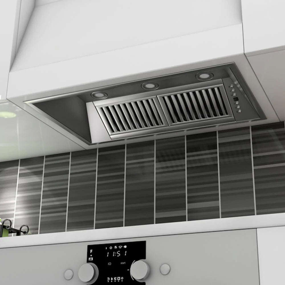 Stainless steel range hood insert with mesh vent panel and control buttons