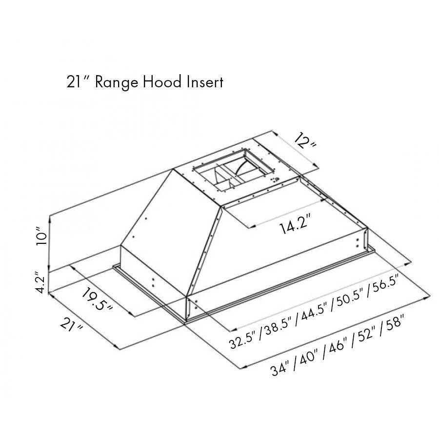 Technical diagram of 21 in stainless steel range hood insert with dimensional layout
