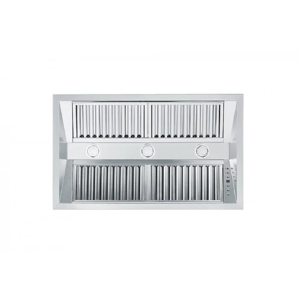 Stainless steel range hood insert with centered vent grates and three round knobs