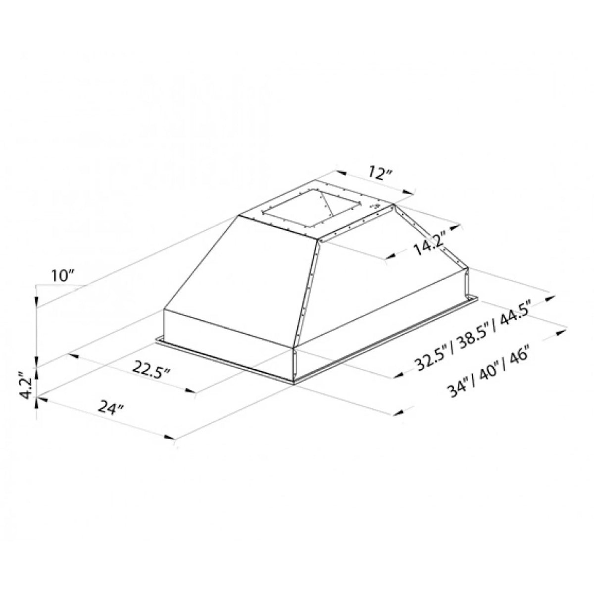 Stainless steel range hood insert drawing with cutout and depth dimension labels