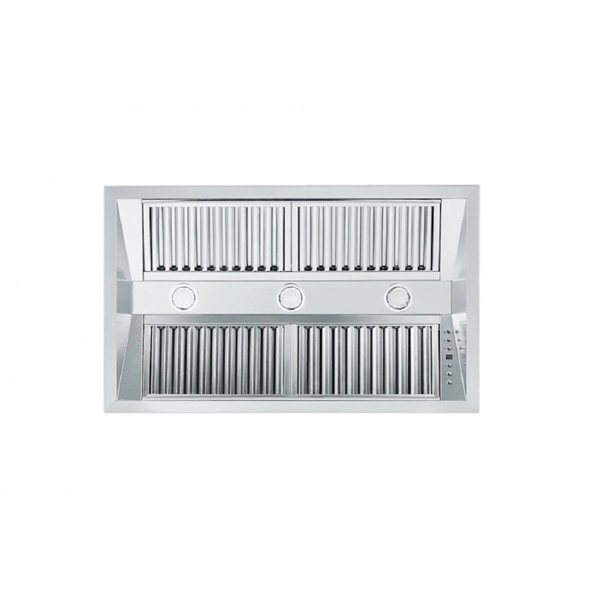 Stainless steel range hood insert with ribbed filters and 3 round control knobs