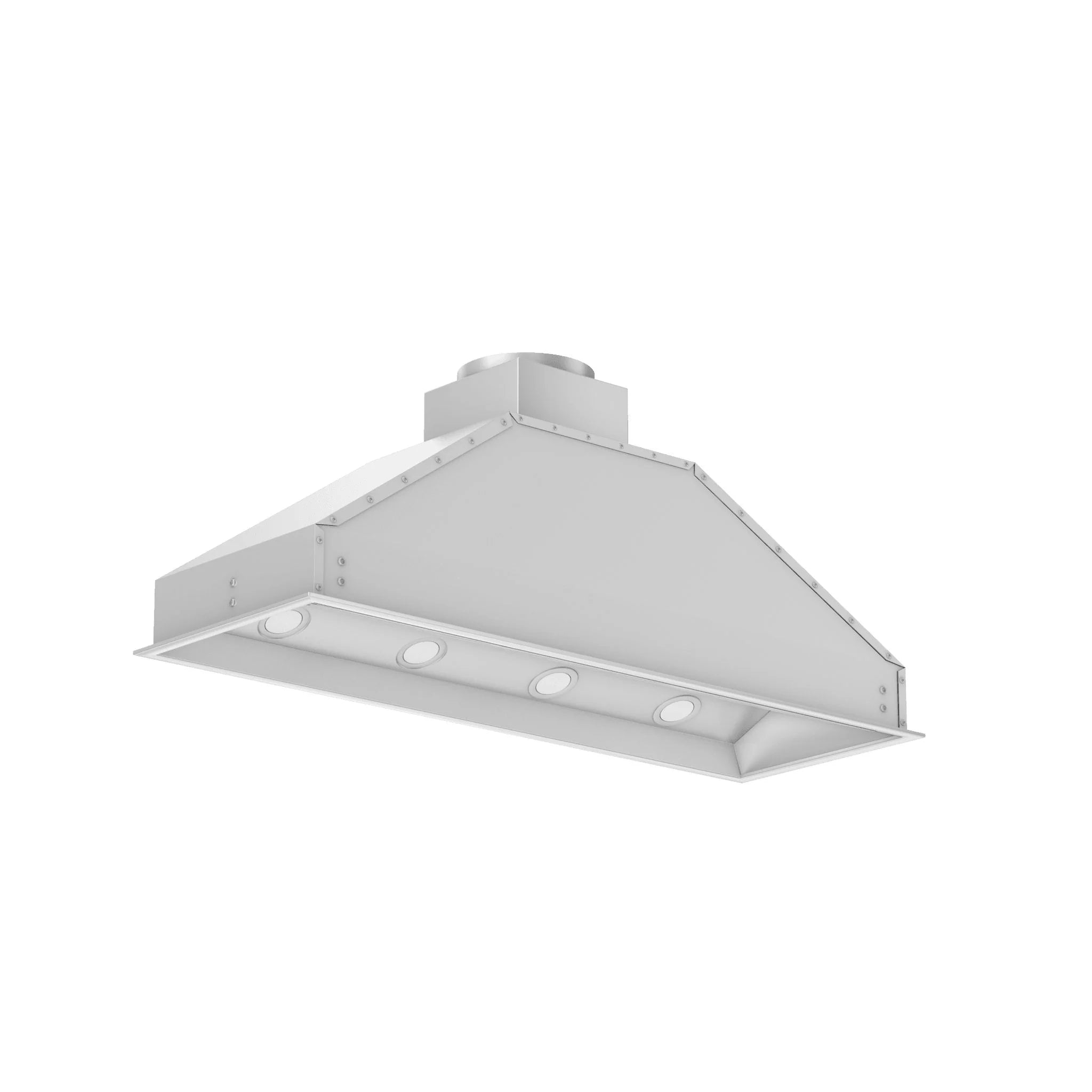 Stainless steel ceiling-style range hood insert with front vent and control holes