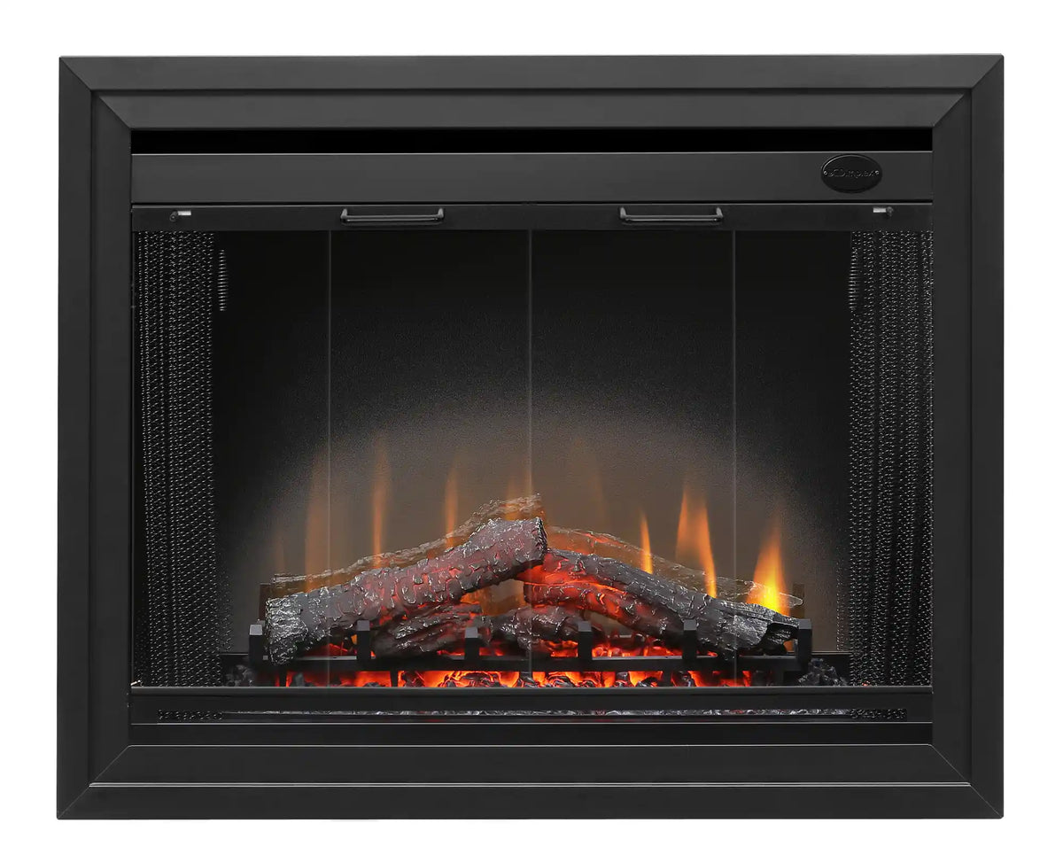 Black electric fireplace insert, front view with glass panel, glowing embers and flames