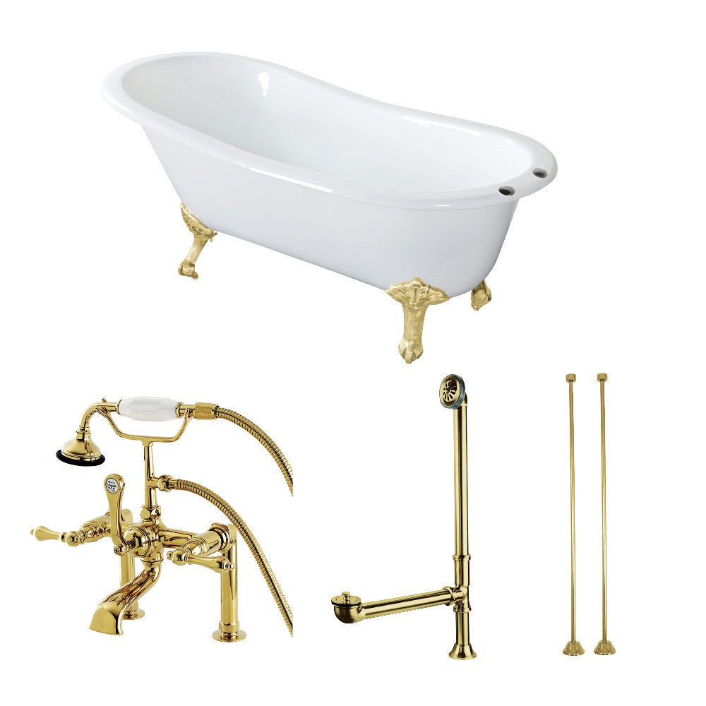 White oval slipper clawfoot tub with polished brass faucet, drain, and supply lines