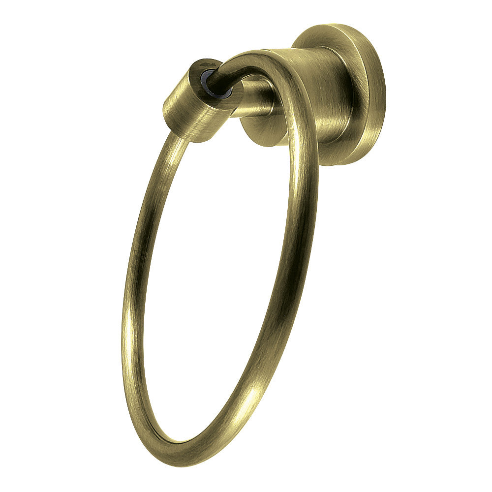 Antique brass towel ring with curved oval loop and round mounting base.