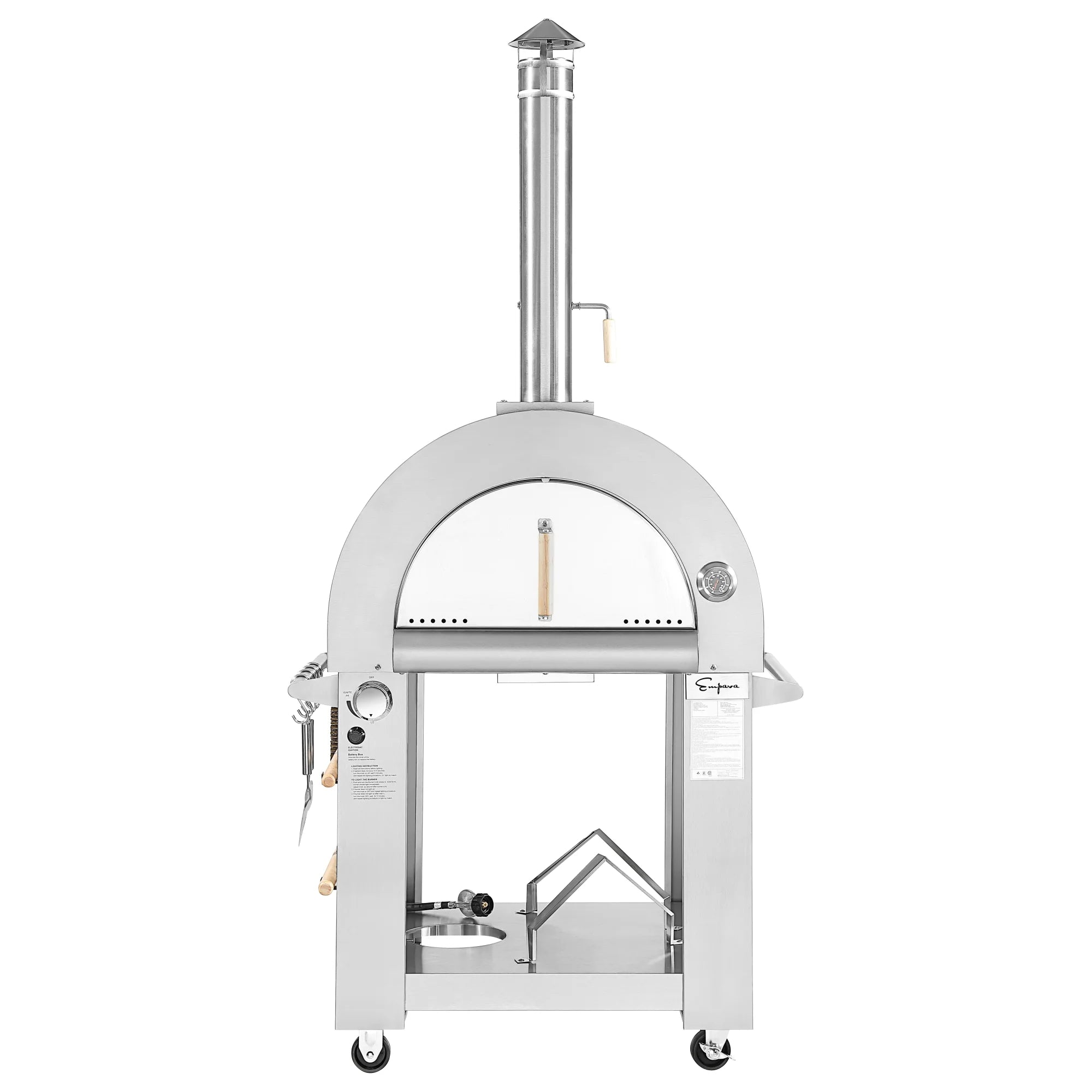 Outdoor pizza oven in stainless steel with arched front, side controls, and wheels