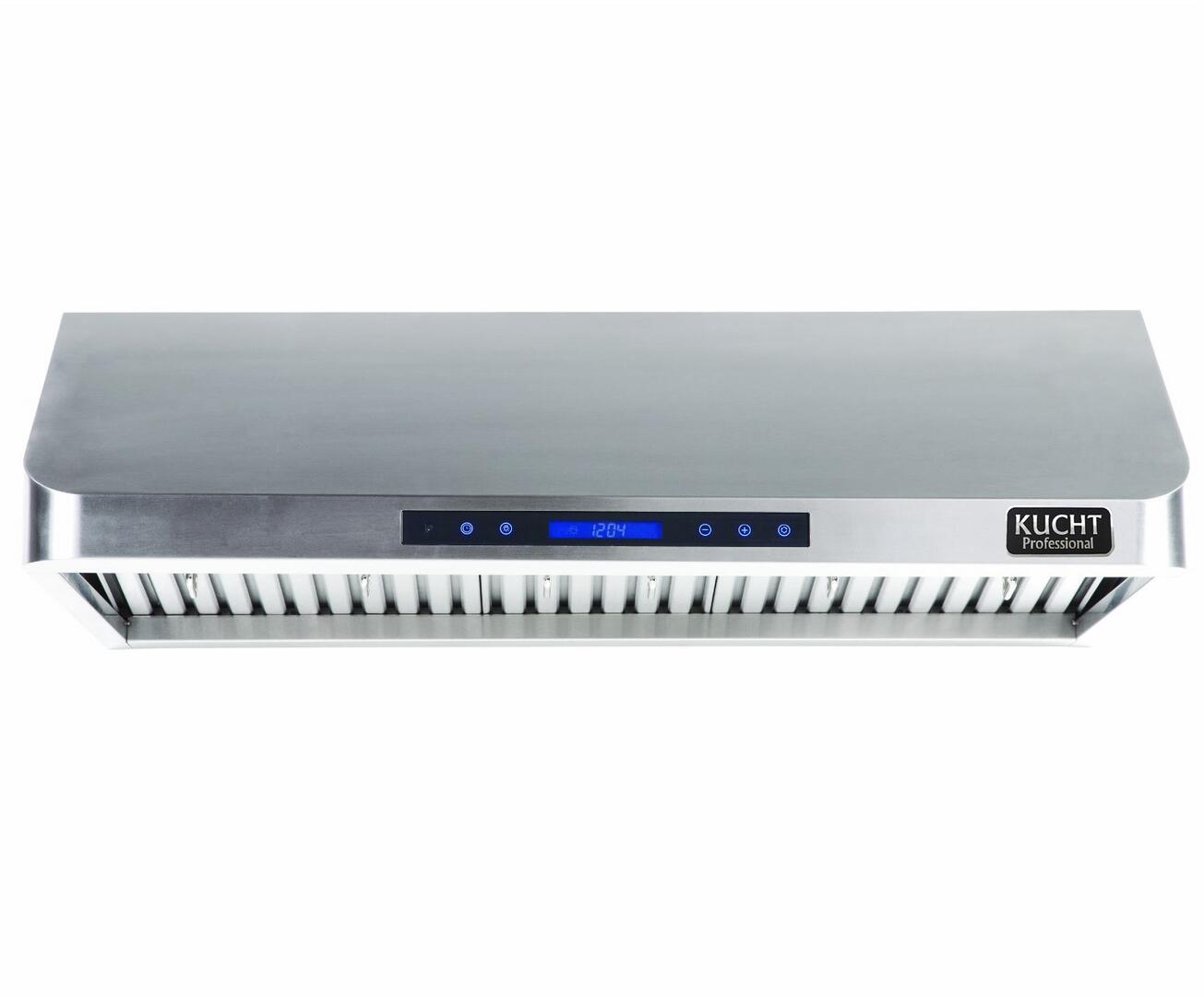 Stainless steel under-cabinet range hood with front LED control panel and vent slots