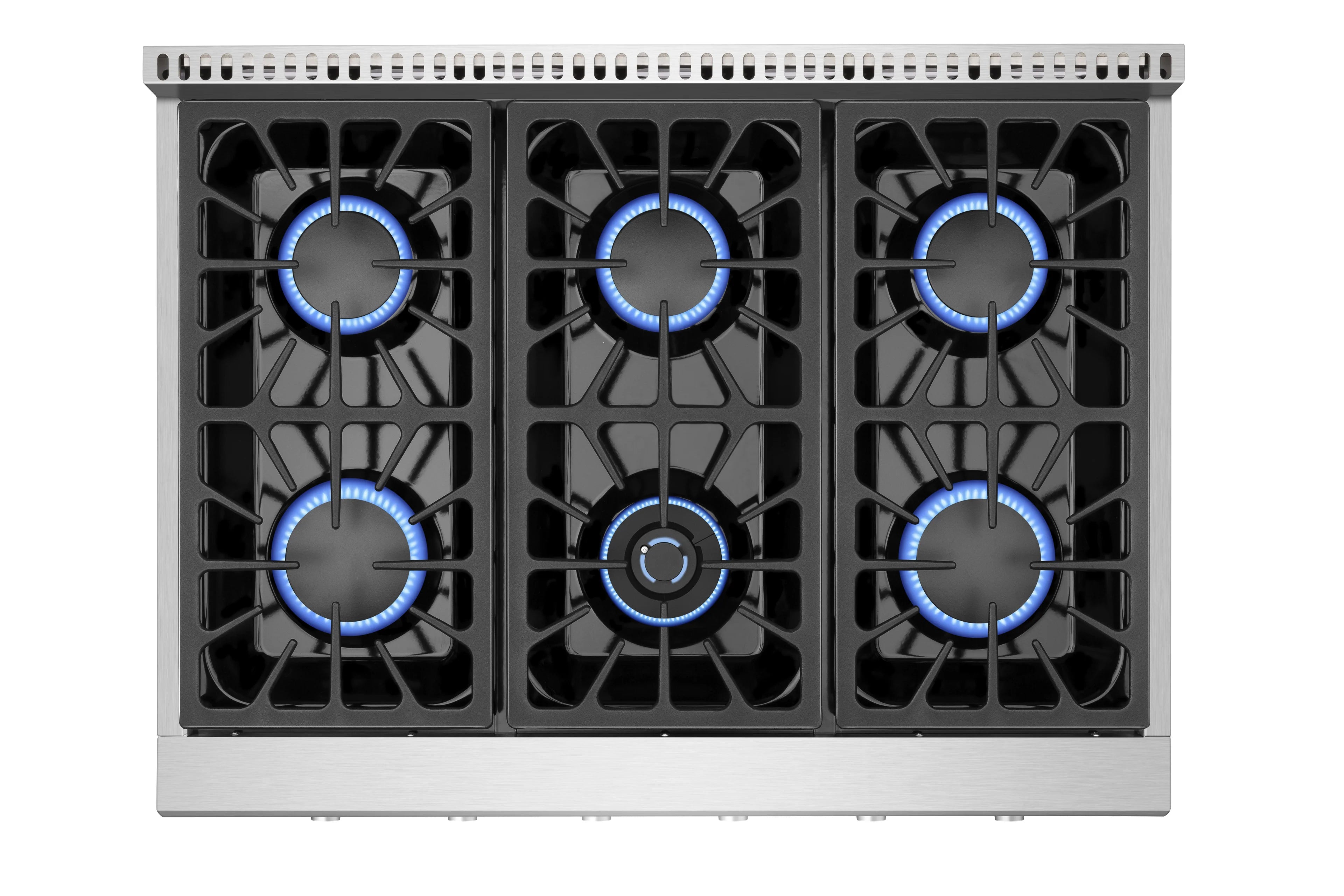 Natural gas cooktop with five burners lit in blue under black grates