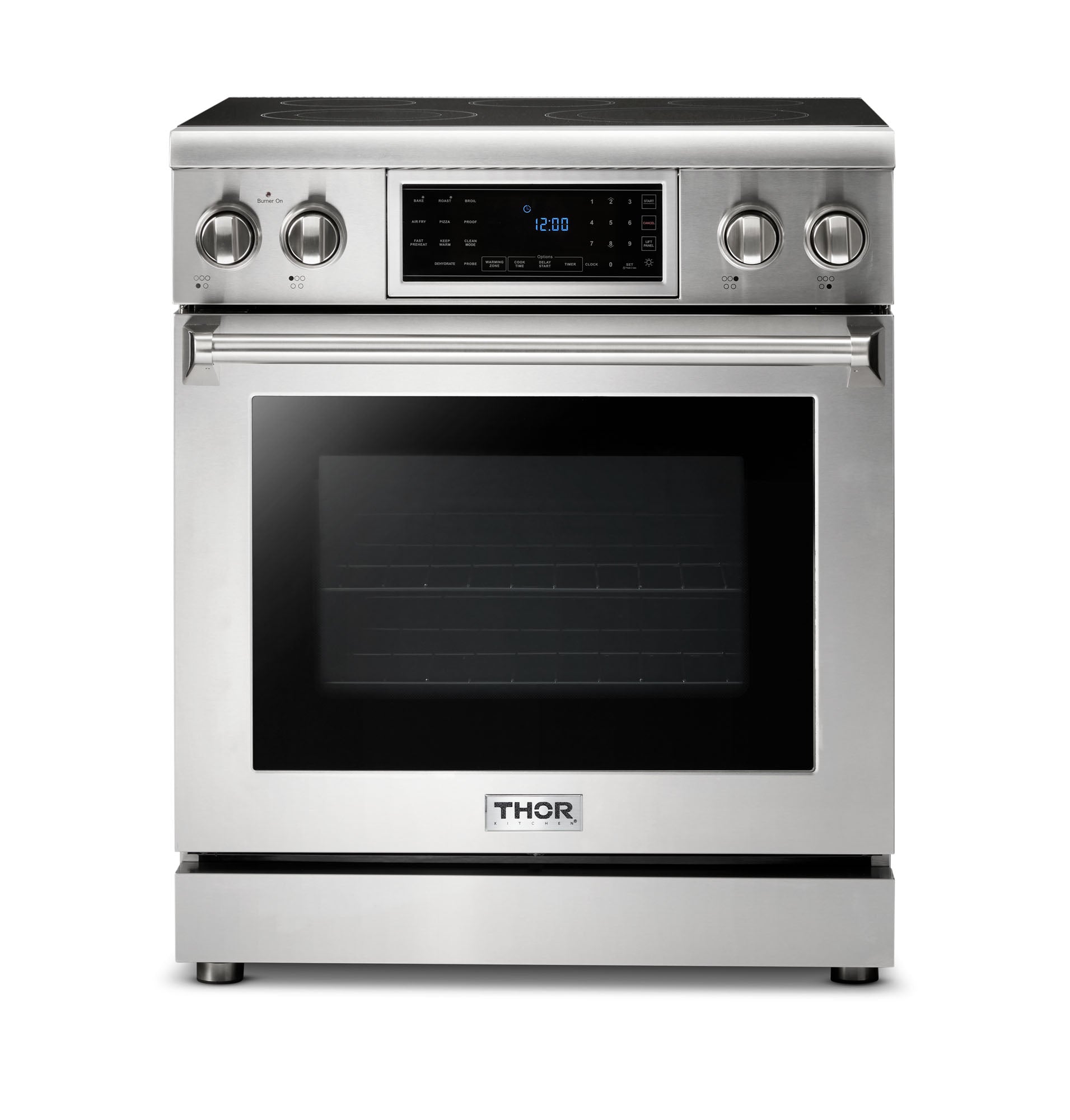Stainless steel electric range with oven door and control display