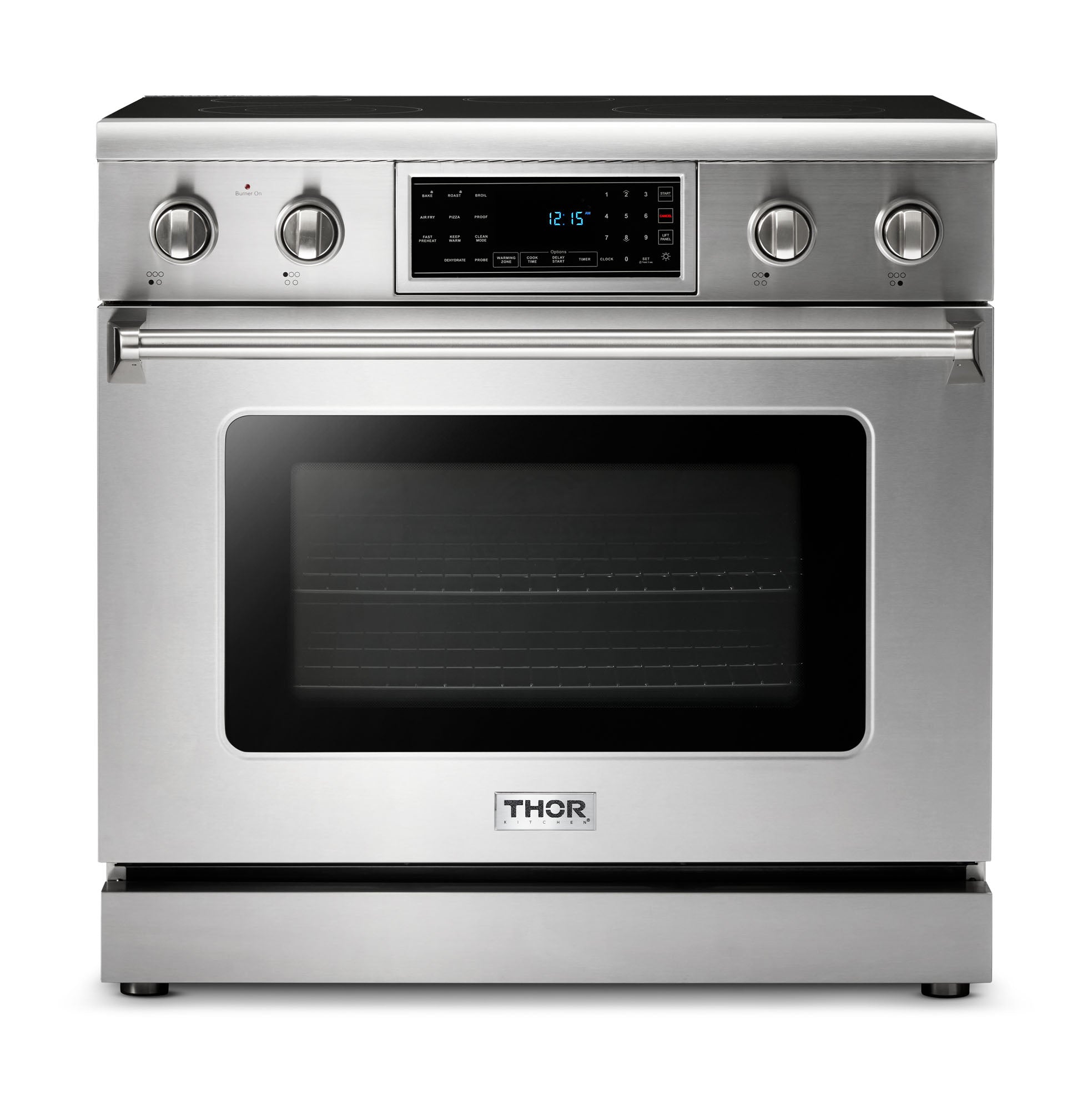 Stainless steel electric range with digital control panel and large oven door window