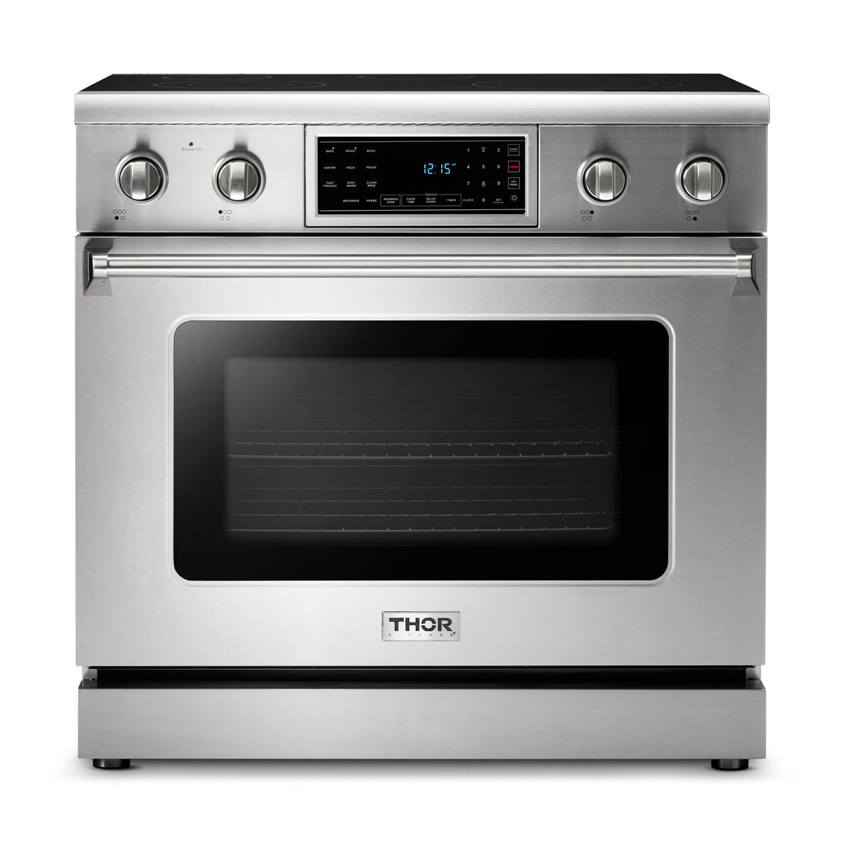 Stainless steel electric range with black glass cooktop and control panel