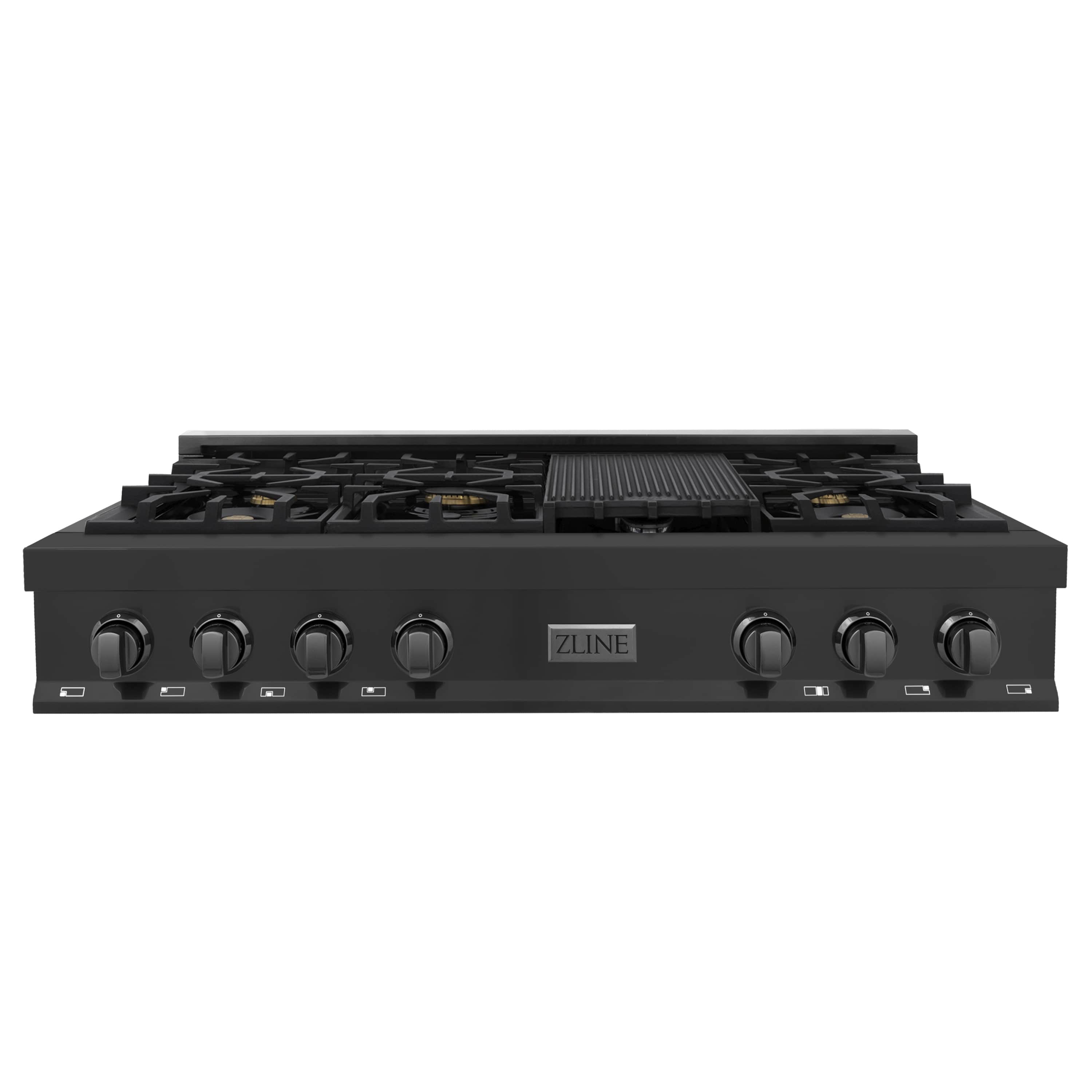 Black 48-inch gas rangetop with brass-accent burners and control knobs