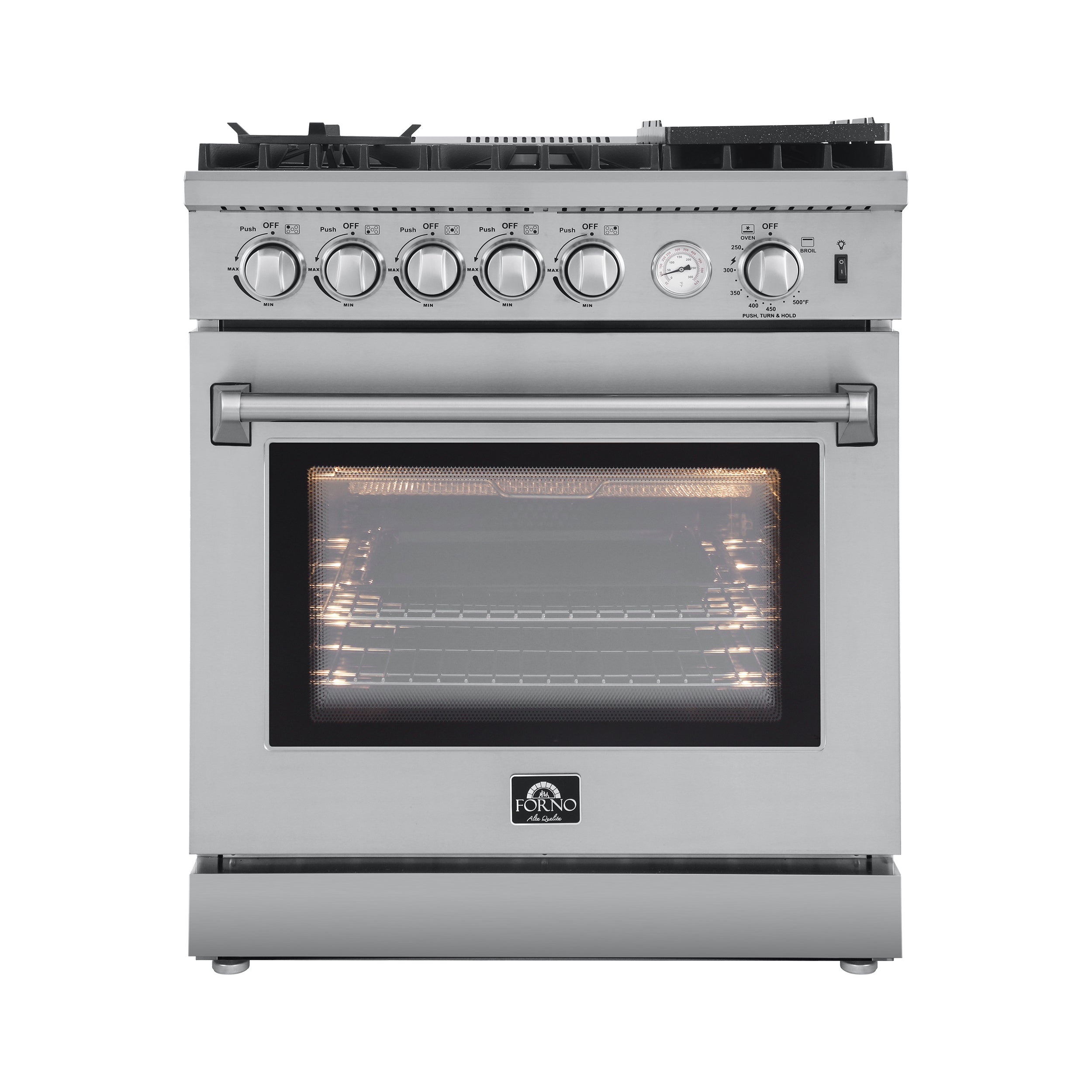 Stainless steel gas oven door with window showing lit cooking chamber