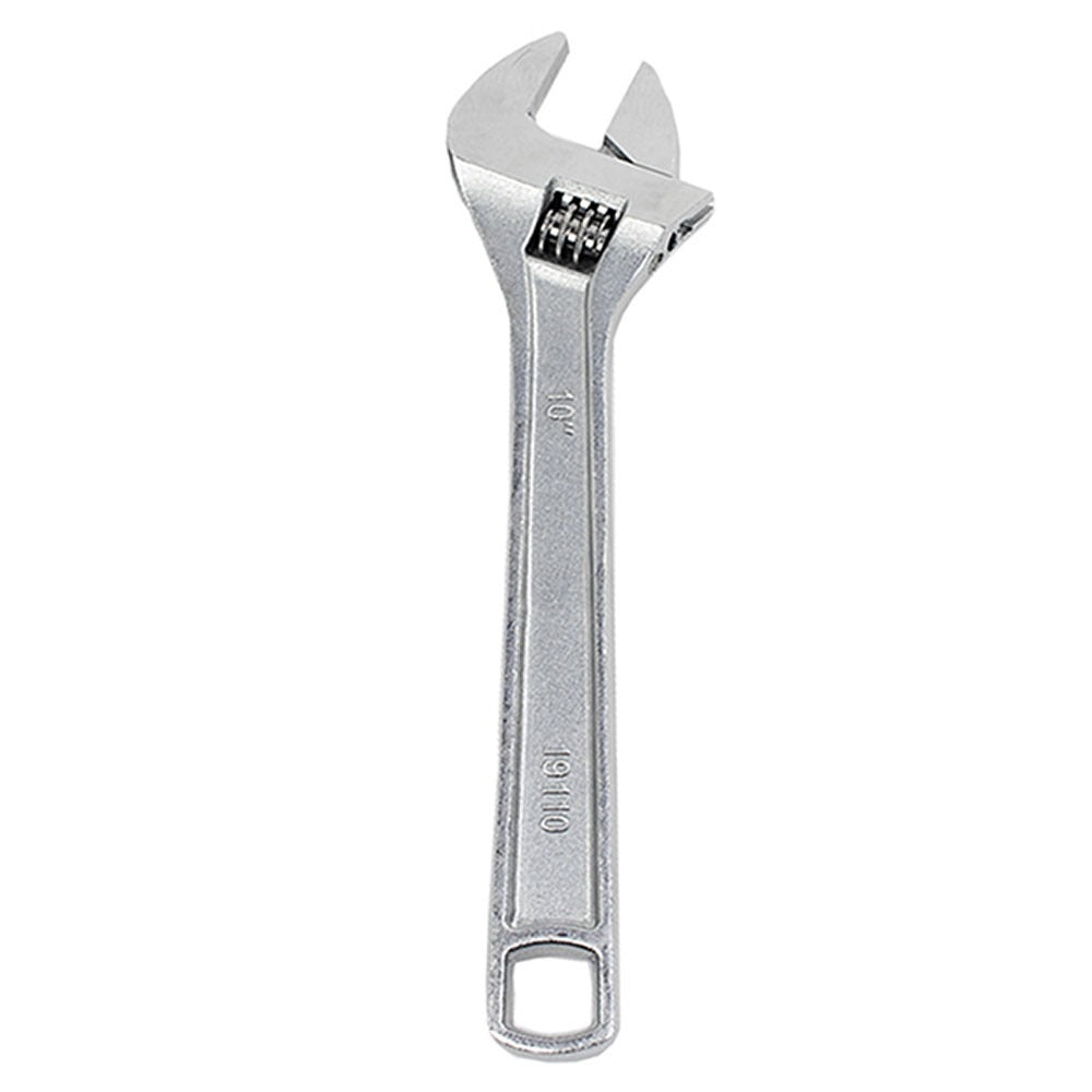 Adjustable crescent wrench with open end and knurled jaw, silver finish