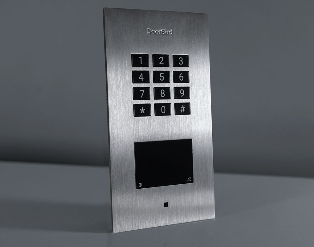 DoorBird stainless steel access control keypad and touchscreen panel
