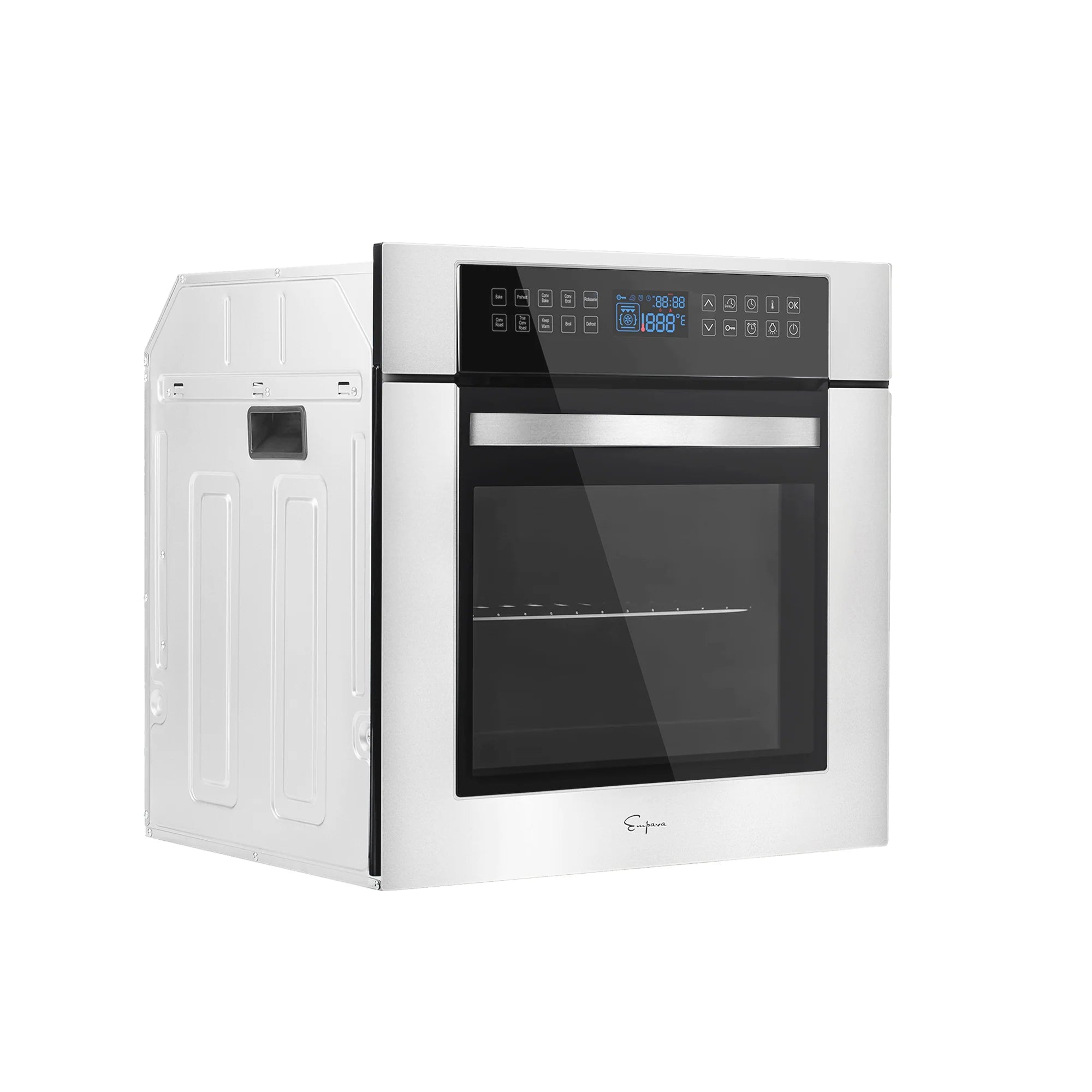 24-inch single electric wall oven with open door, black glass, stainless steel finish.