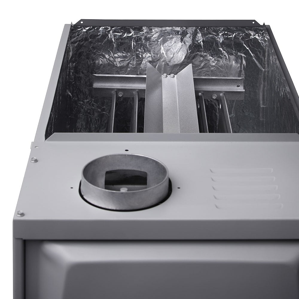 Gray gas furnace combustion chamber opening with round flue collar
