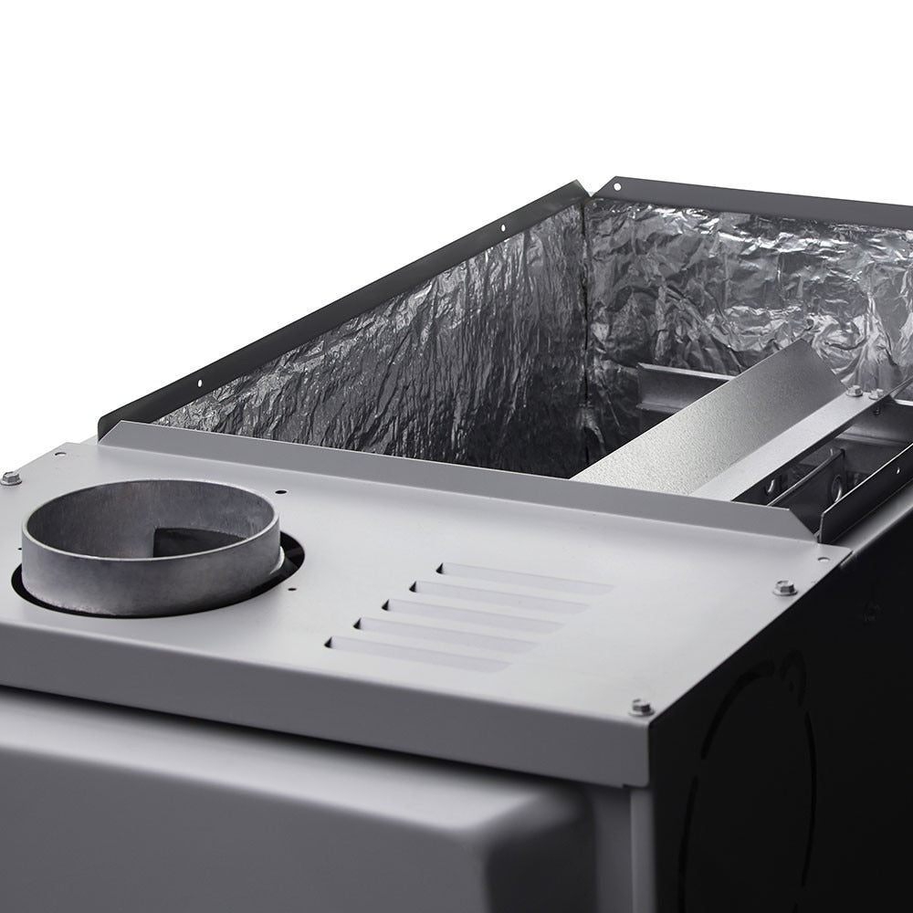 Open gray gas furnace top assembly with insulated duct liner and flue collar