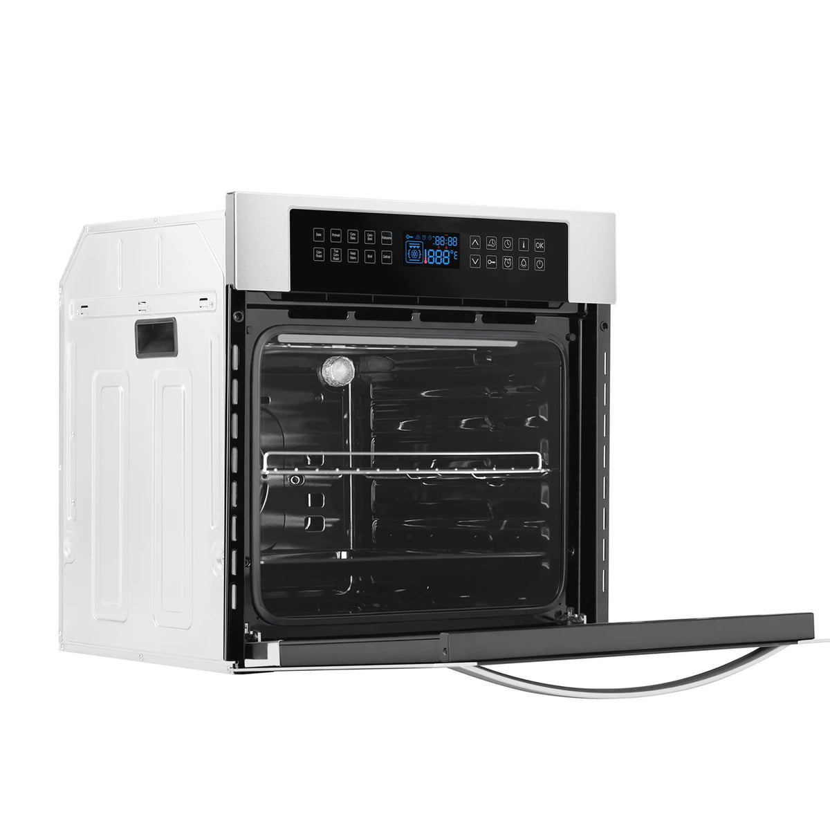 24-inch single electric wall oven interior with racks and heating elements, open door.