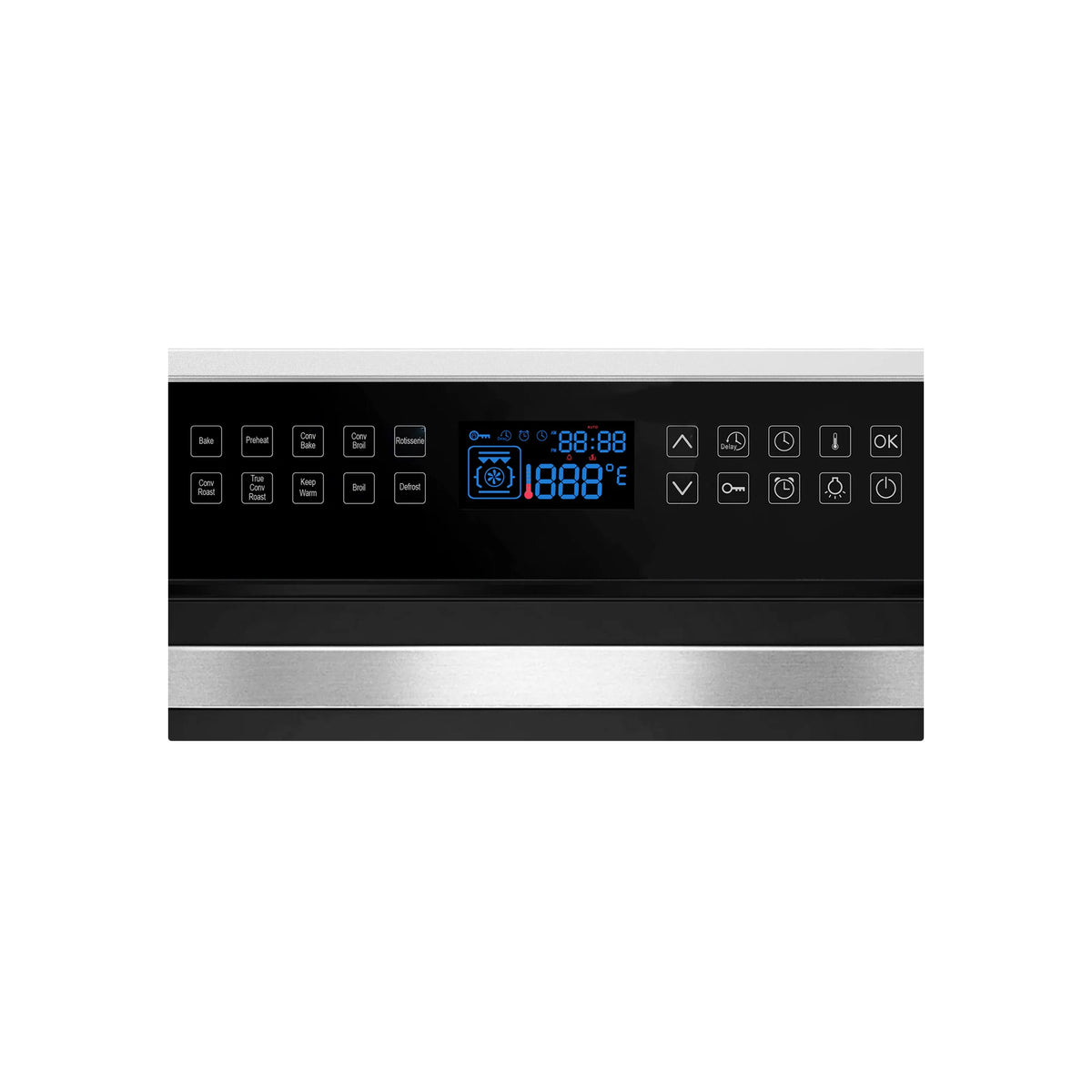 Electric wall oven control panel with blue LED display and button controls.