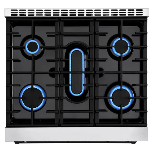 Lit gas burners on black cooktop grates with blue flame outlines