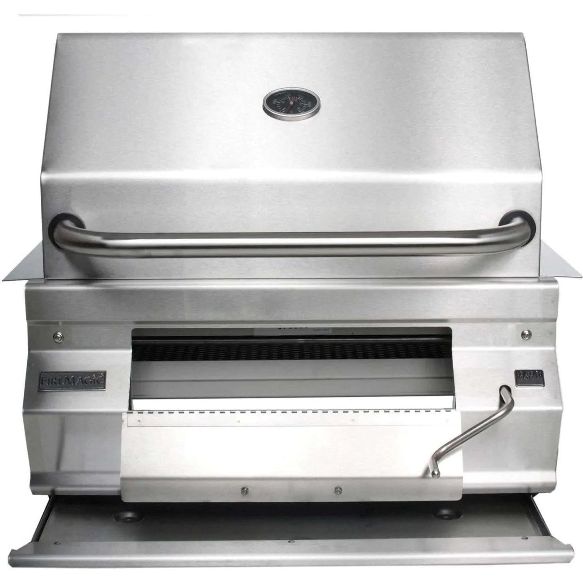 Charcoal grill with stainless lid, thermometer gauge, and front heat shield bar