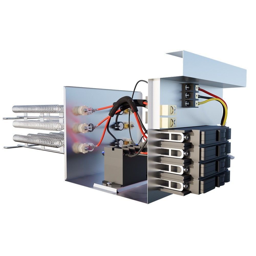 Electric heat kit inside view with control board, wiring, and heating coil bundles