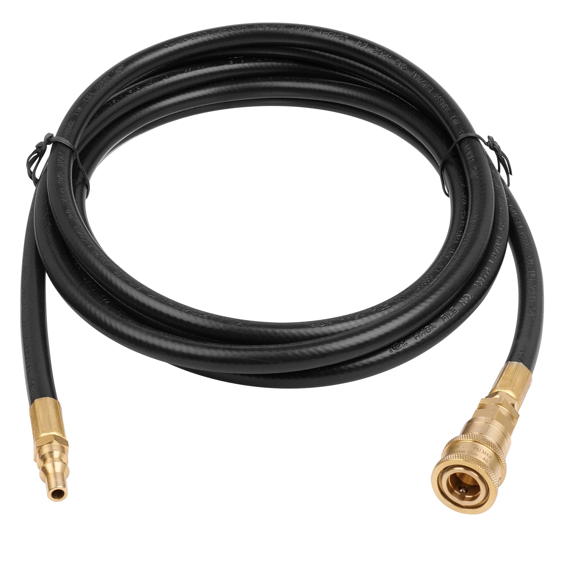 Black RV propane hose with brass quick-connect fittings, coiled 12 ft length