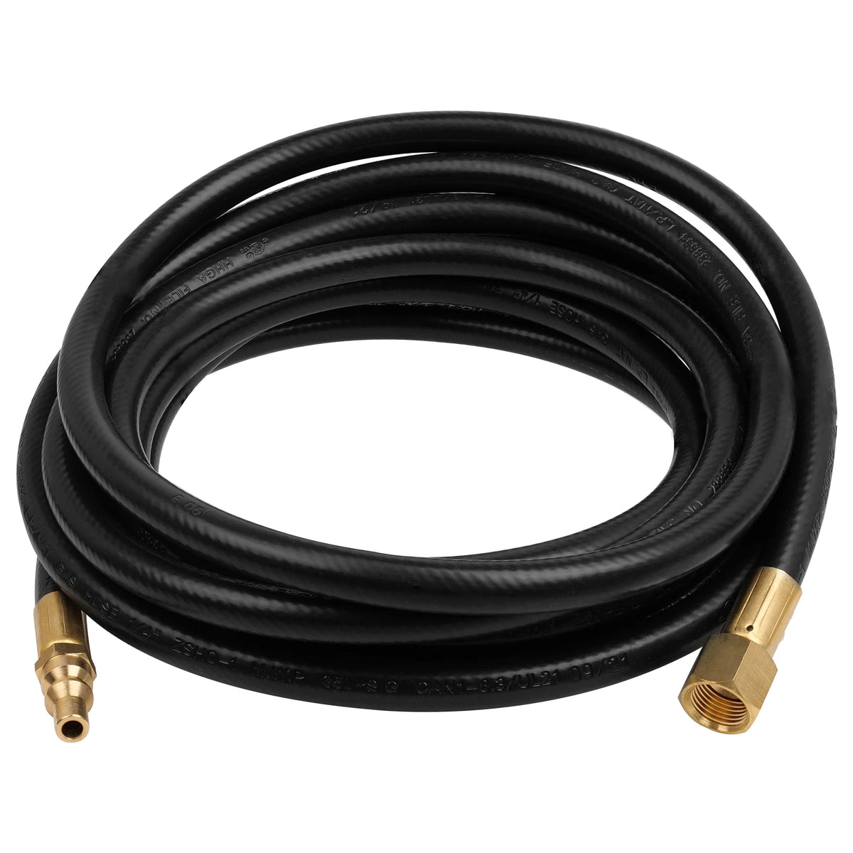 Coiled RV propane quick connect hose with brass male and female end fittings