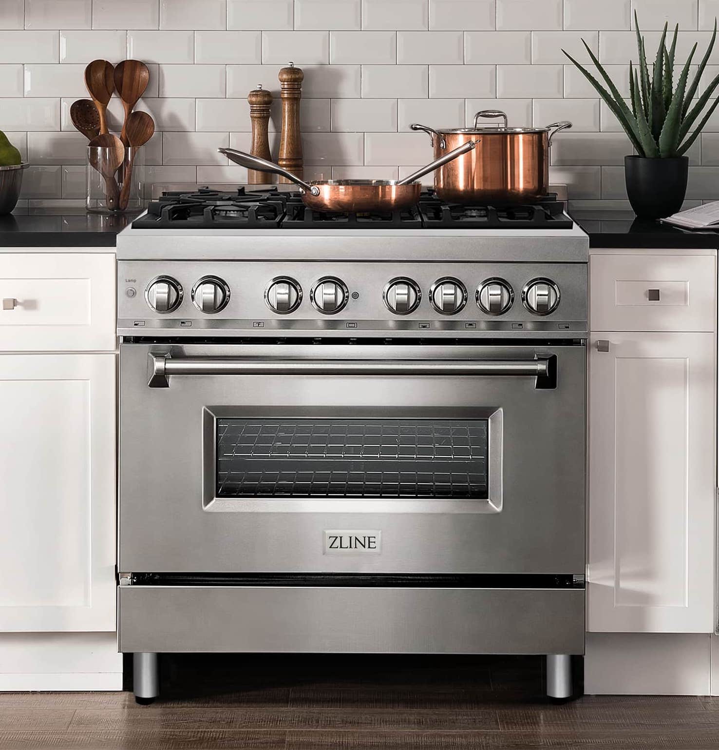 Stainless steel dual fuel range with gas burners, oven door, and front control knobs