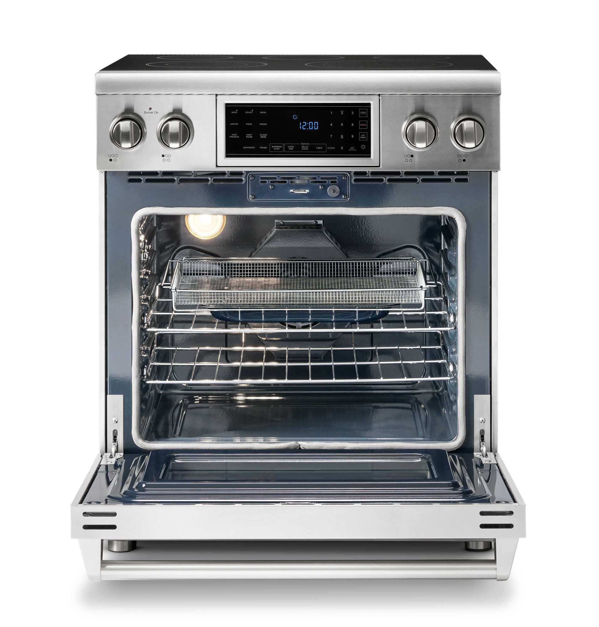 Stainless steel electric range with oven door open and baking racks inside