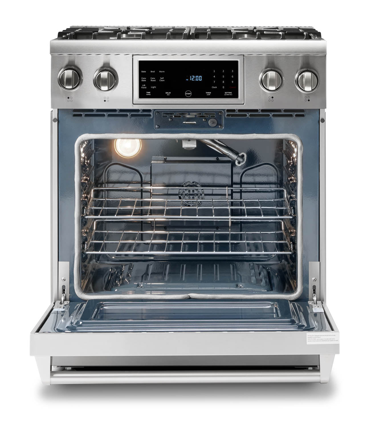 Stainless steel gas range with open oven door and visible wire oven rack