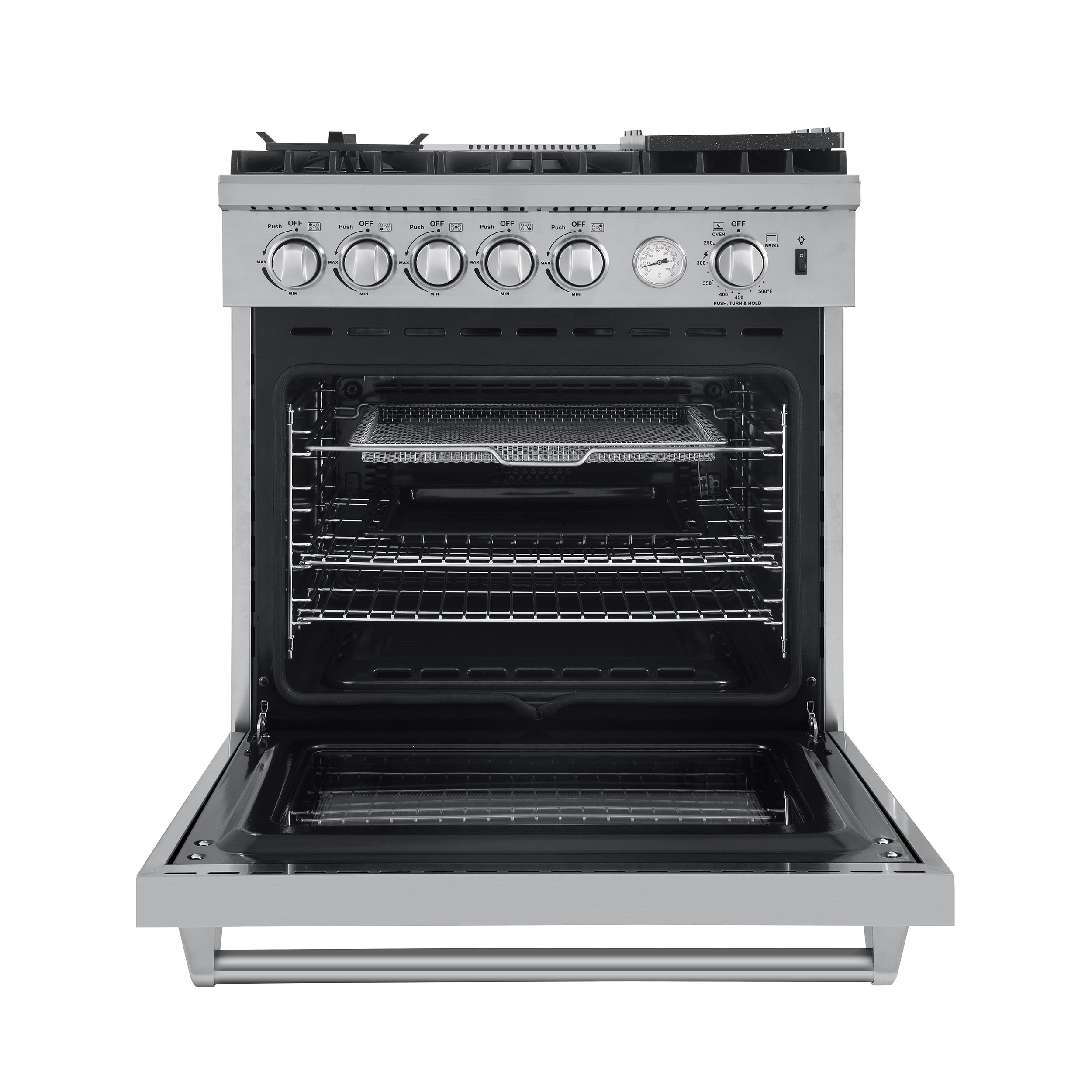 Stainless steel gas range oven with open door and visible interior racks