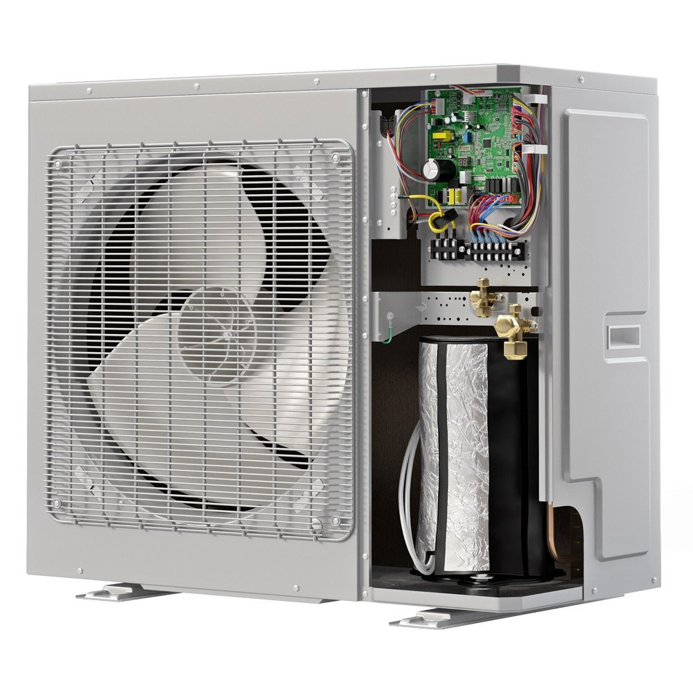 MRCOOL heat pump condenser unit with open housing showing wiring and control components