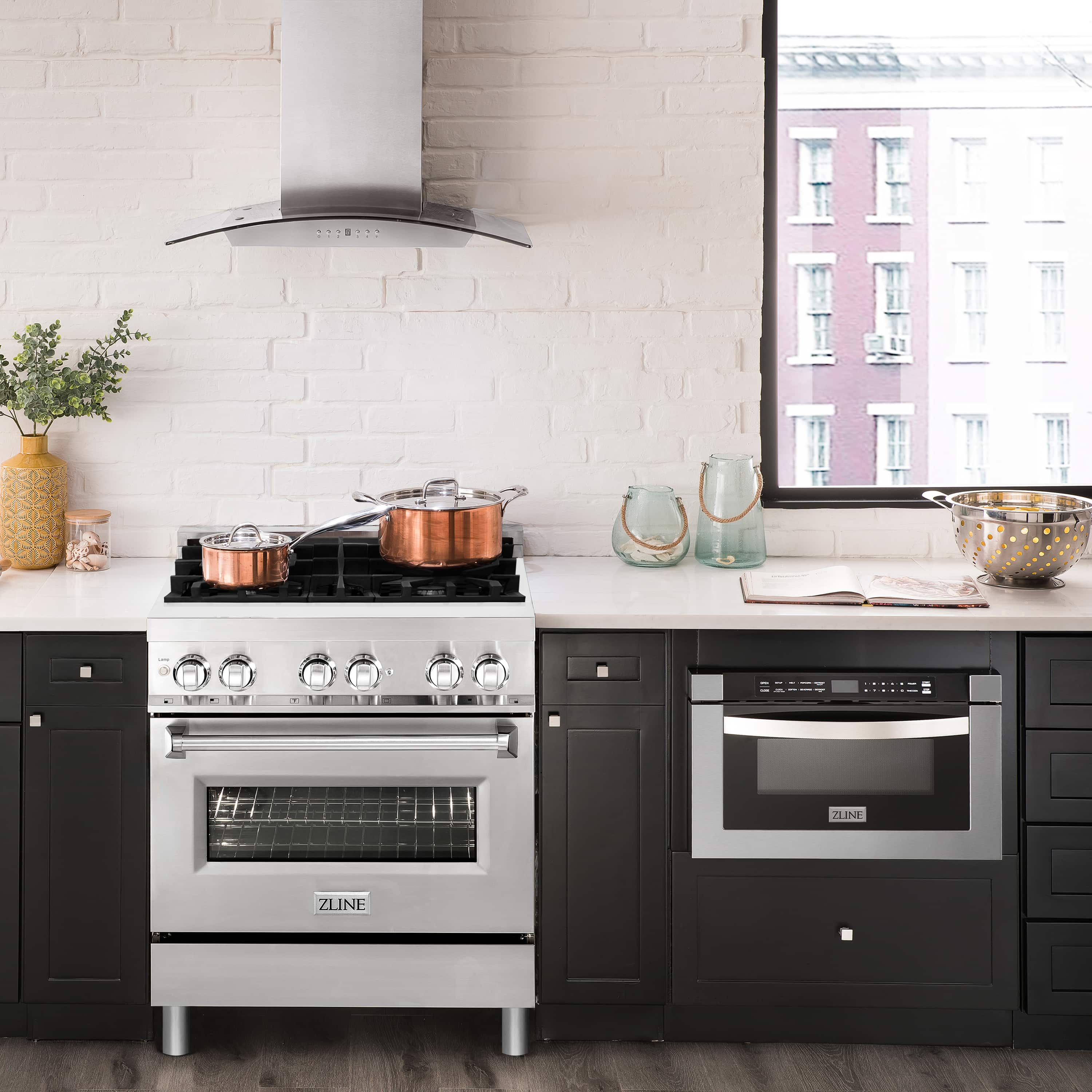 ZLINE dual fuel range in kitchen with gas burners, oven door, and control panel