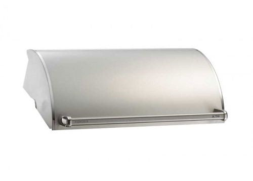 Stainless steel oven hood with curved front panel and side covers