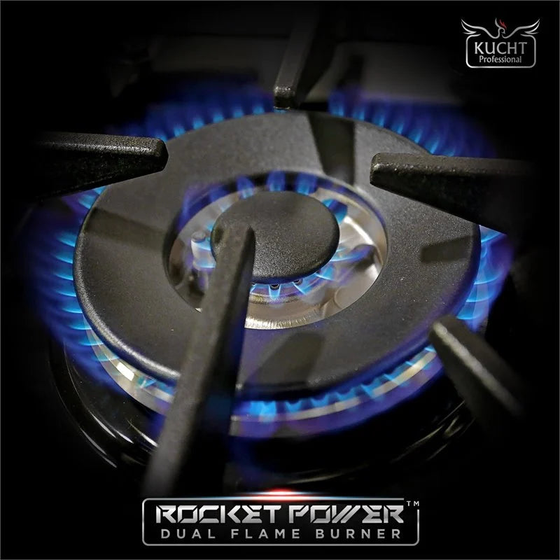 Dual flame burner with blue gas flames inside cooktop on white gas range