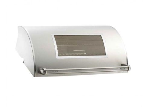 Grill oven lid with rectangular glass window and silver metal handle