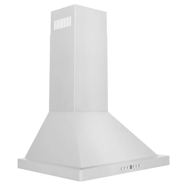 White wall-mount range hood with baffle filter housing, front view