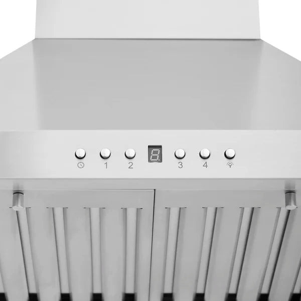 White range hood control panel with LED display, buttons, and baffle filters