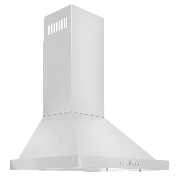 White wall-mount range hood, angled side view with vent outlet