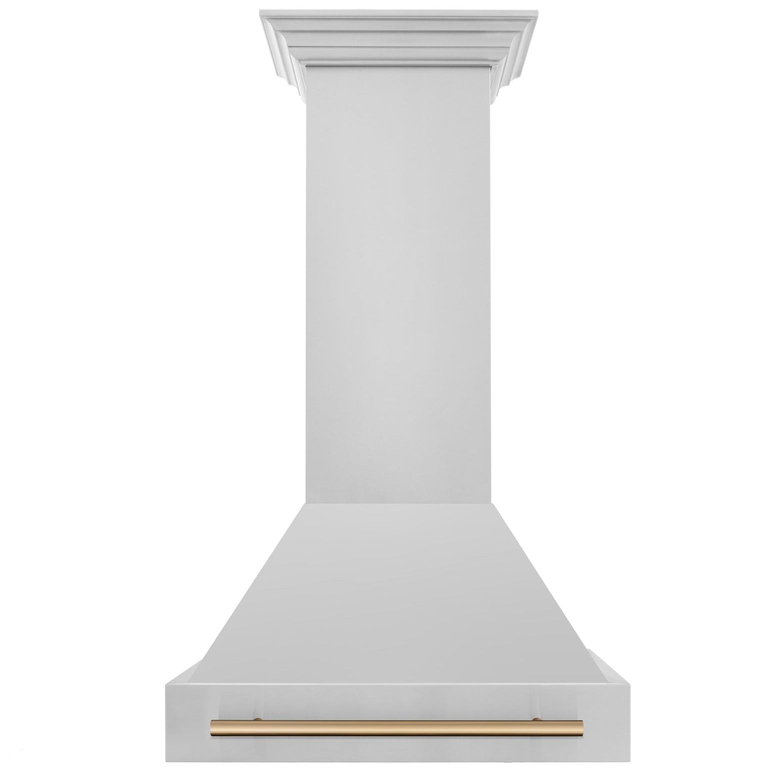 Wall-mounted range hood with stainless flue and champagne bronze trim strip at bottom