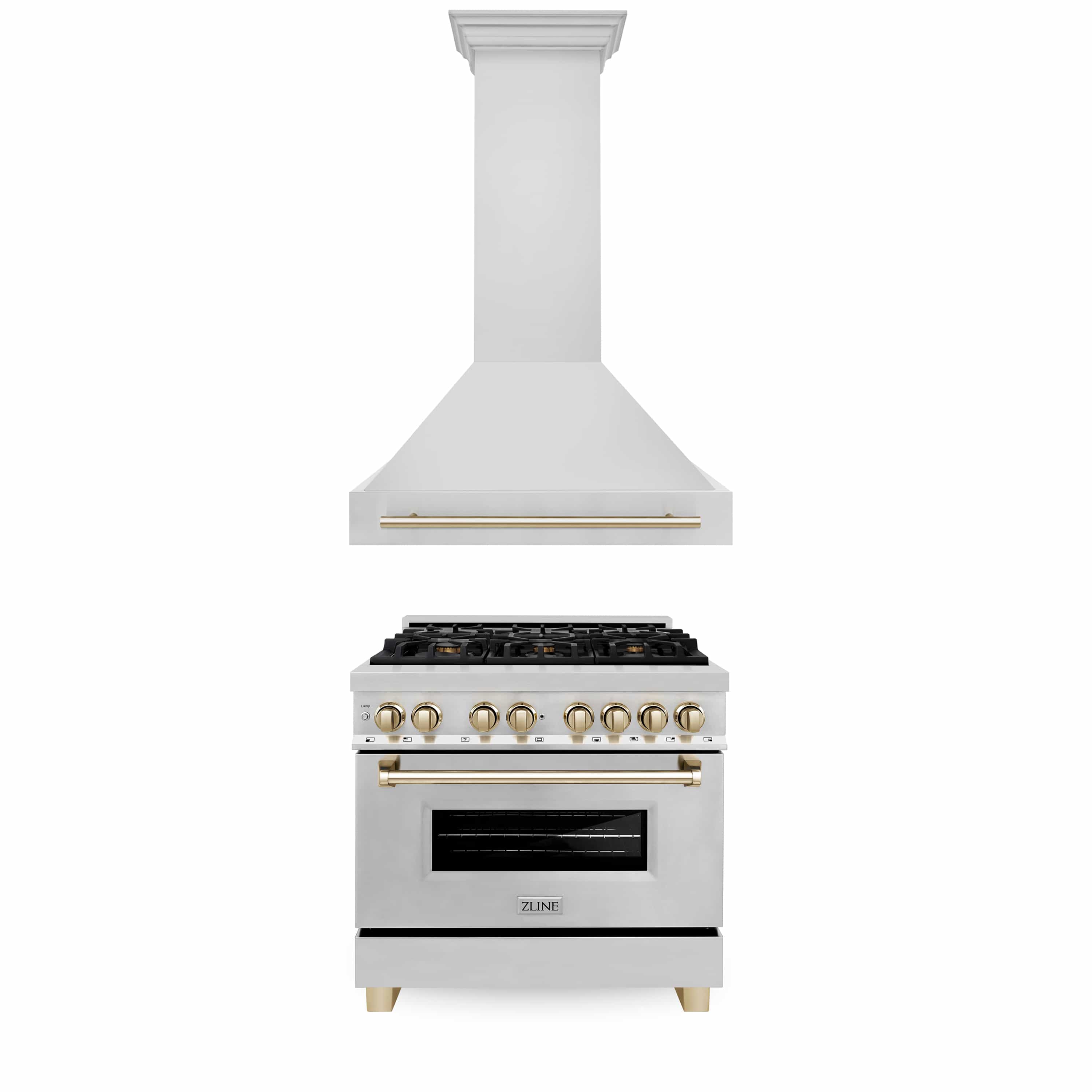 Wall-mounted range hood over stainless steel dual-fuel range with gold-trim knobs