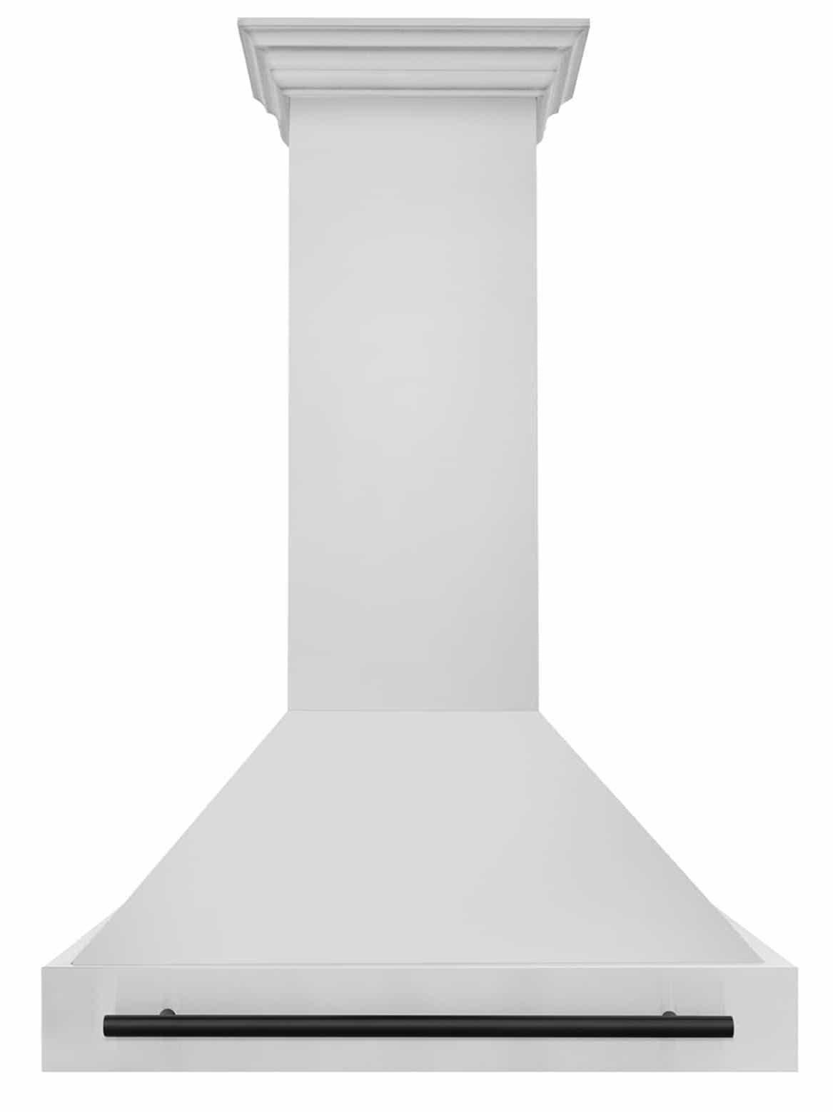 Wall-mounted range hood with white chimney canopy and slim black vent bar
