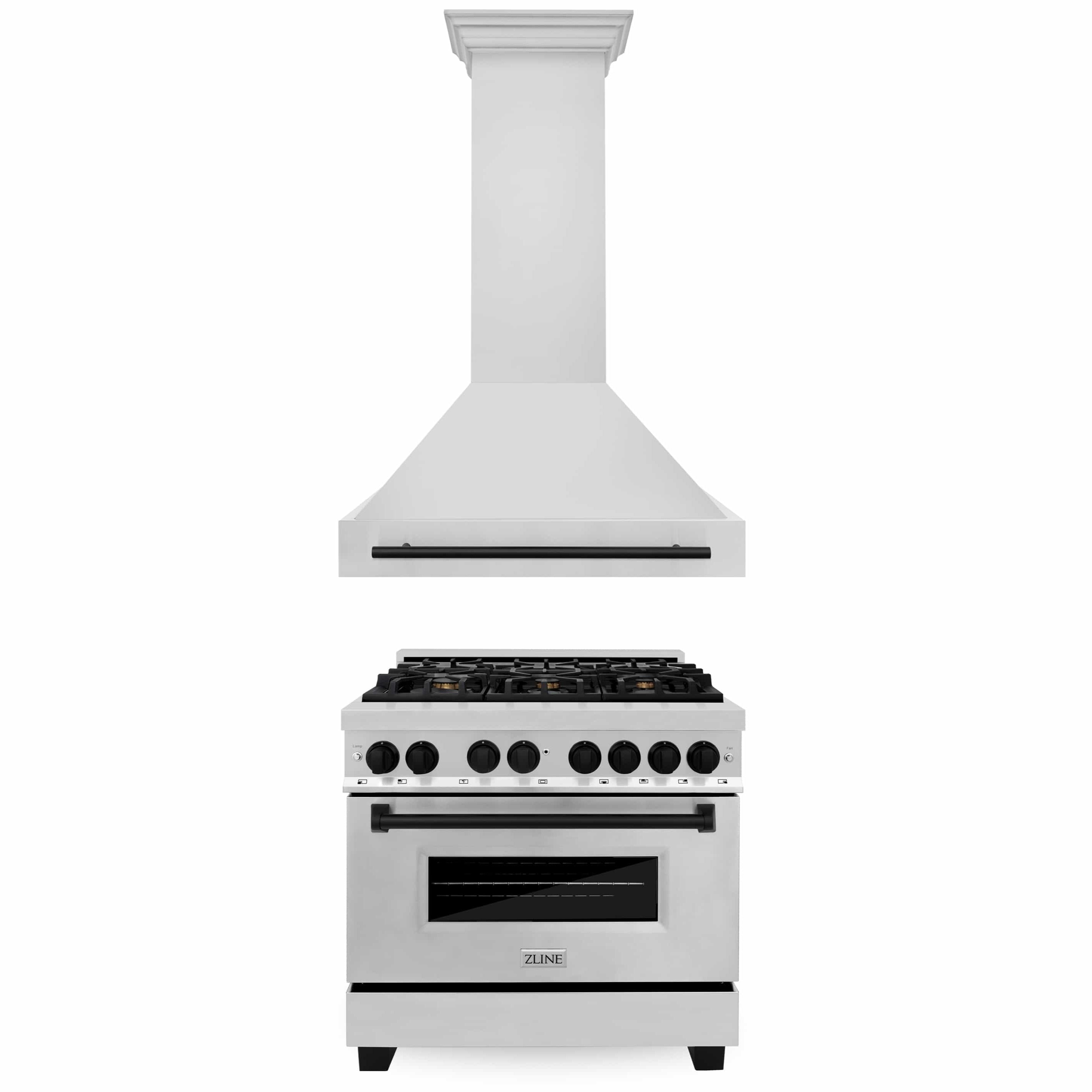 Stainless steel dual fuel range and wall-mounted range hood with matte black accents