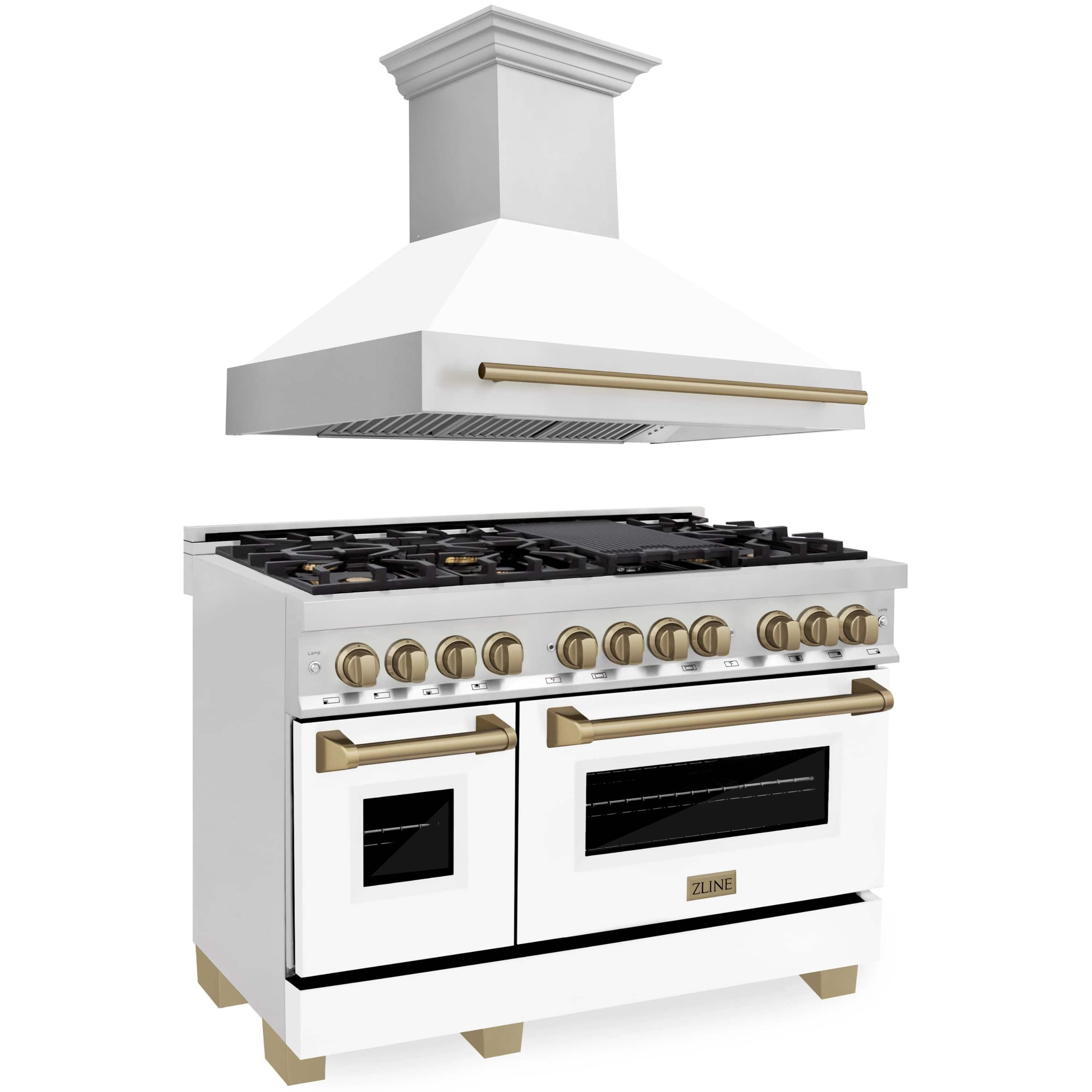 Two-piece range and hood set, white range with champagne bronze trim and hood