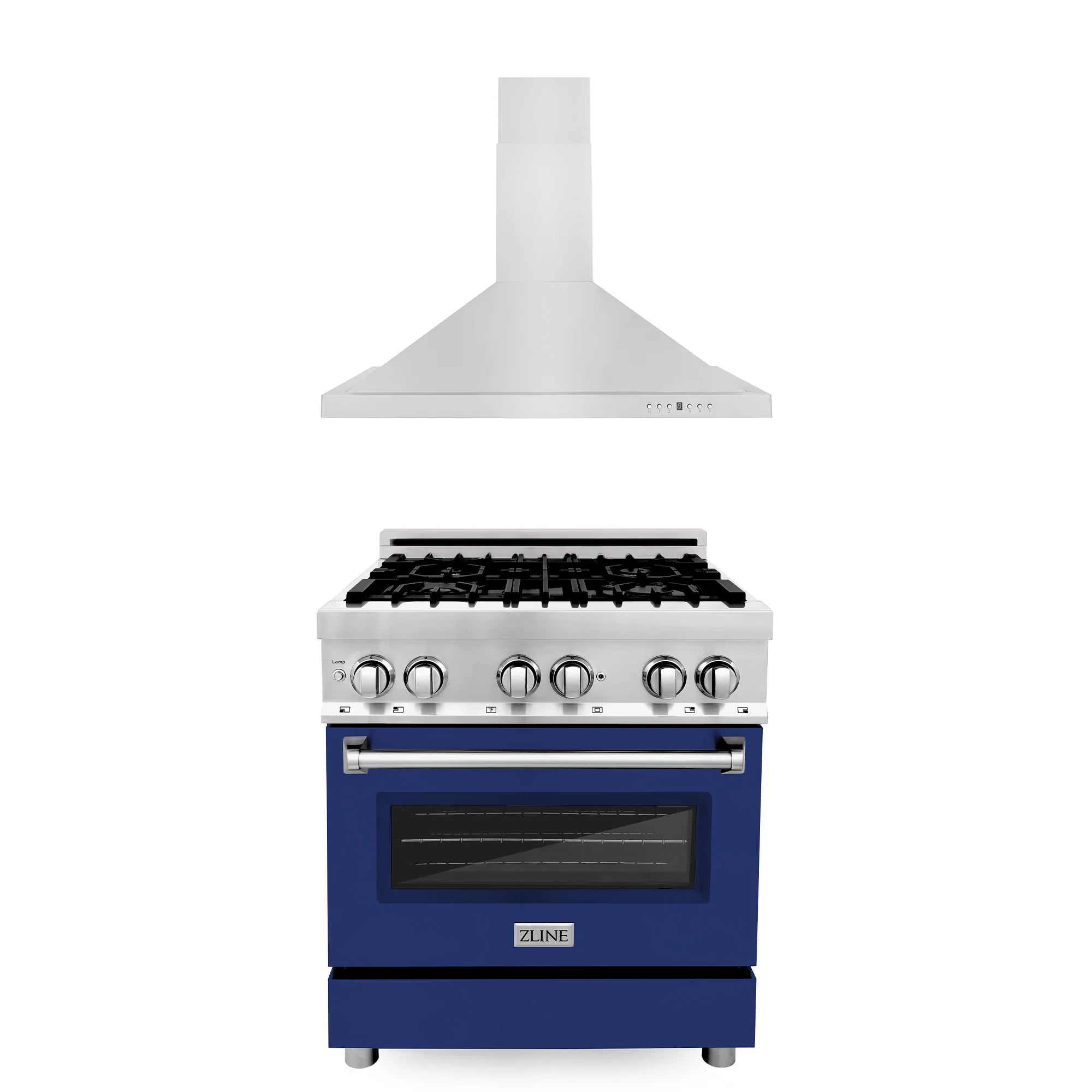 ZLINE convertible range hood with ZLINE dual fuel range, blue oven door, stainless cooktop