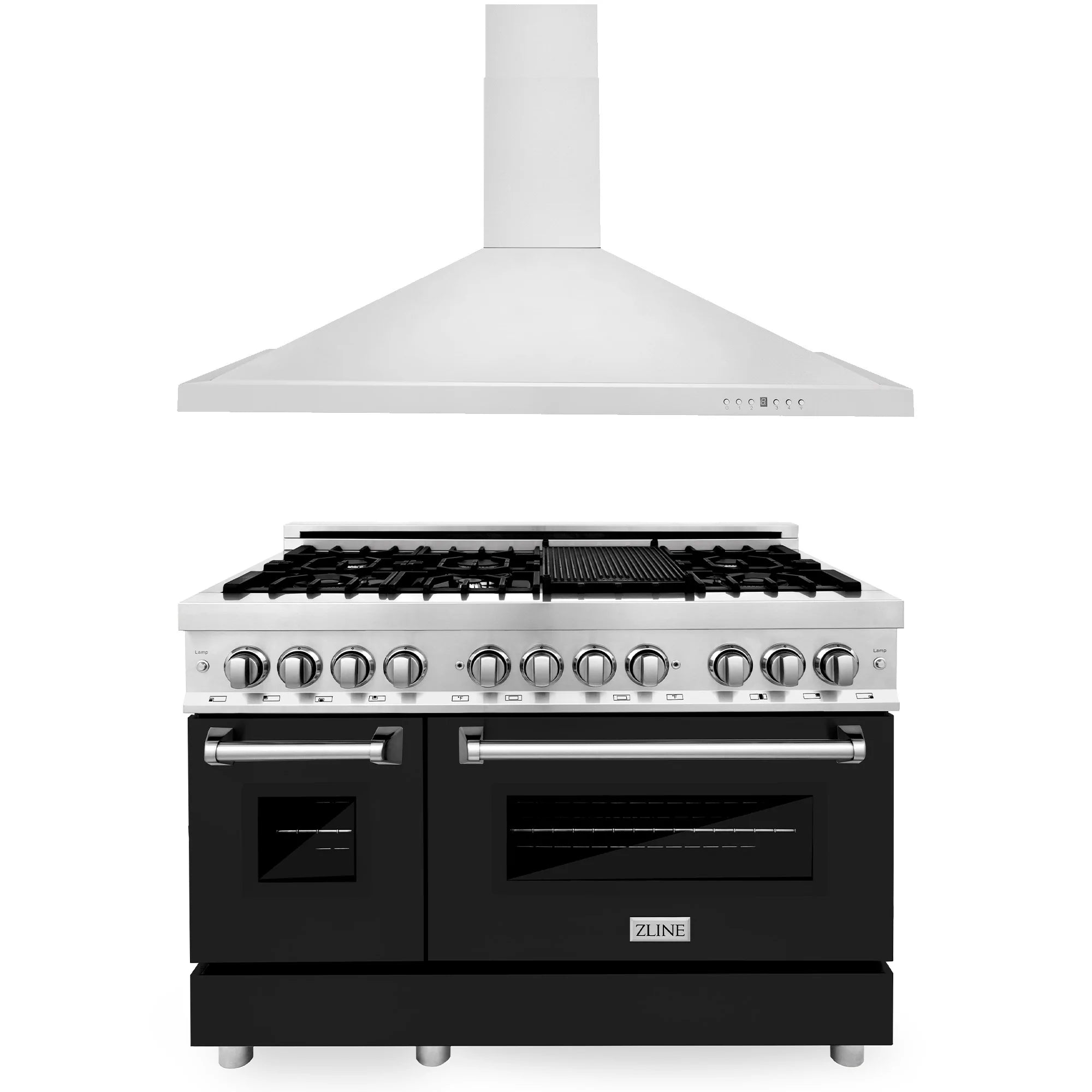 Stainless dual fuel range with black matte doors and stainless vent range hood