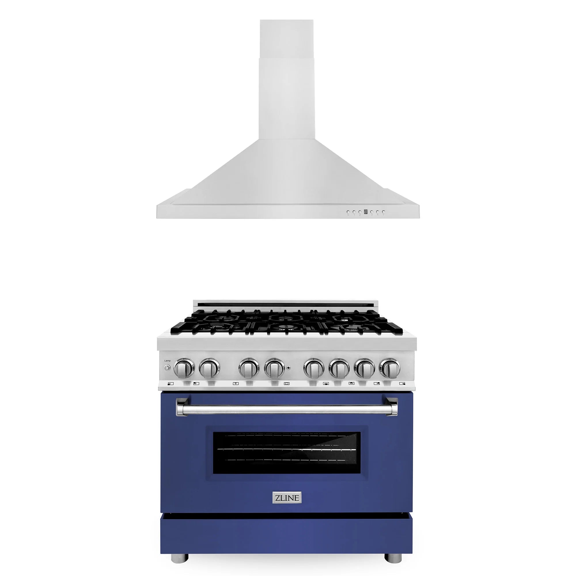 ZLINE dual fuel range with blue matte oven door, grates, and stainless convertible vent hood